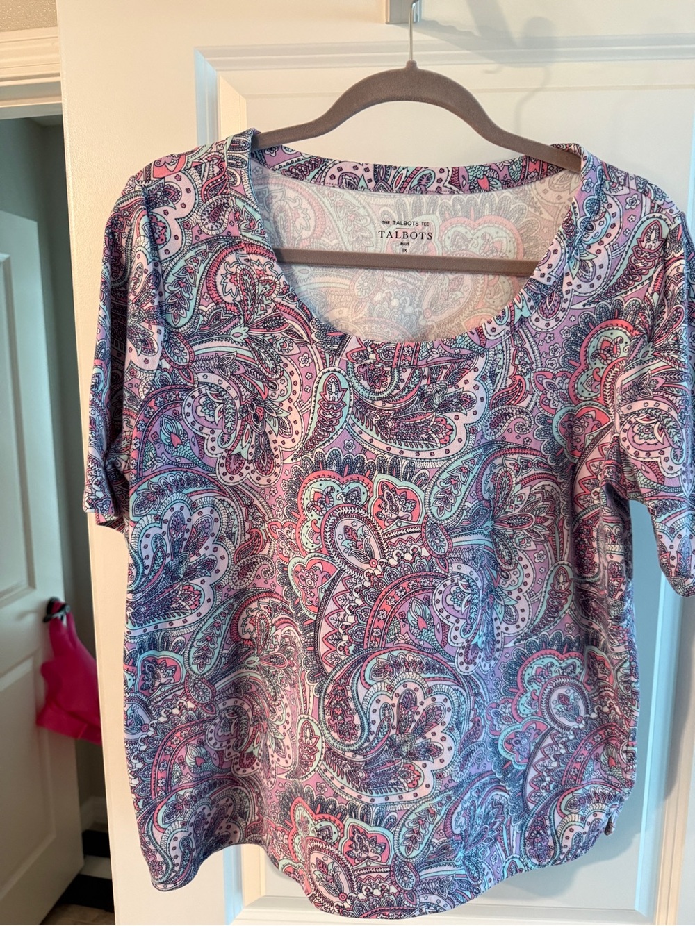 Talbots Pink and Teal Paisley Scoop Neck Tee